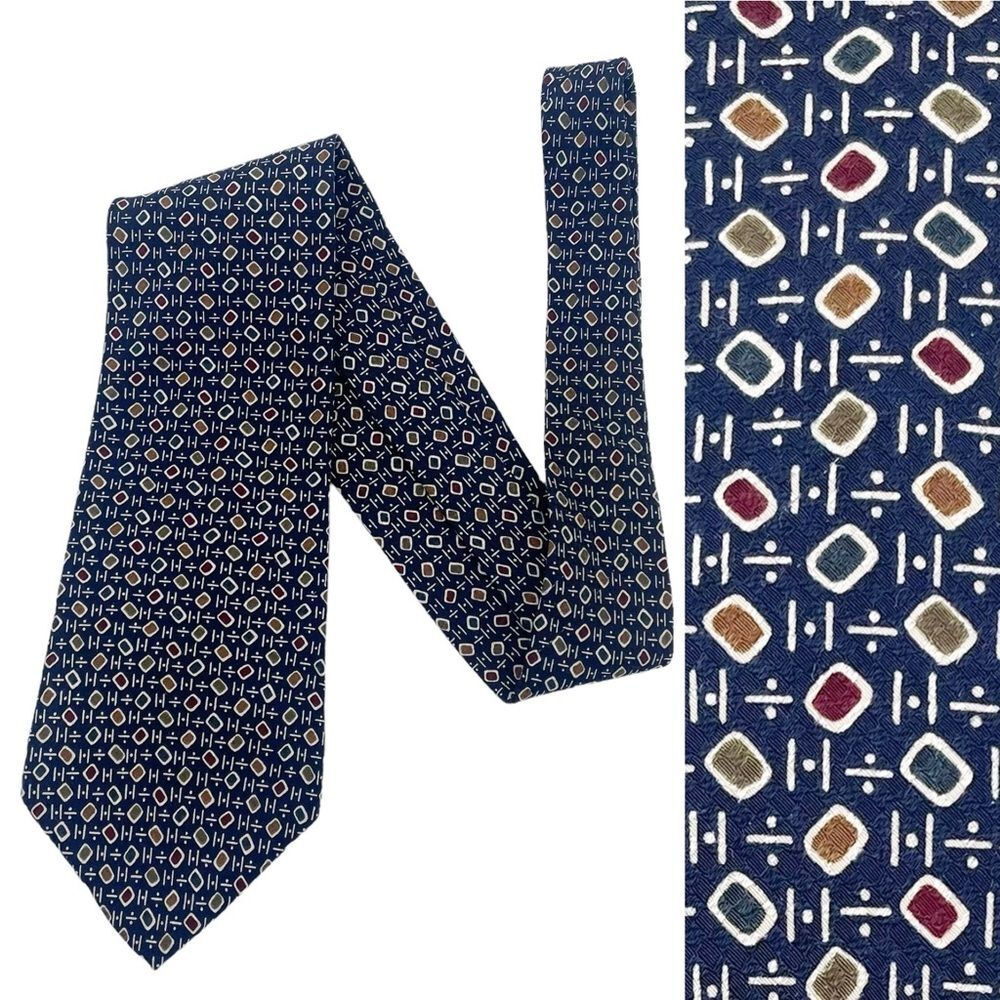 Liberty of London Silk Necktie Navy Blue Mid-Century Modern Print Classic Tie
